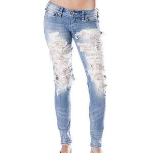 Silver ripped Denim skinny leg Jeans with lace